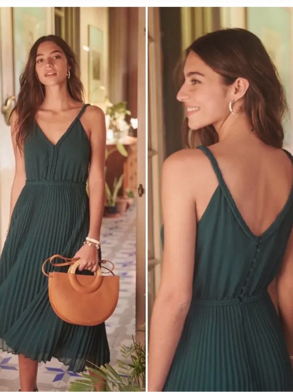 Sezane Pia Pleated V-Neck Midi Dress in Forest Green